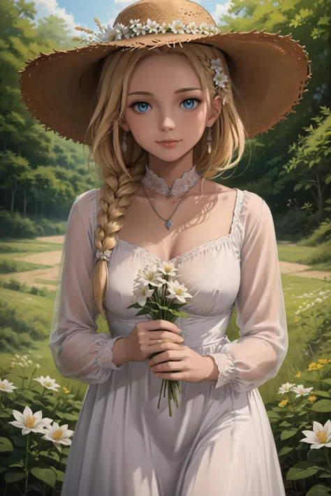 uncensored,detailed,volumetric,score_9,score_8_up,score_7_up,rating_lewd,rating_explicit,very aesthetic,source_anime,<lora:add-detail-xl:0.5>,<lora:xl_more_art-full_v1:0.3>,(best quality, hires textures, high detail:1.2),(incredibly detailed:1.4),anime,
BREAK <lora:FutoiAnimePony:1>,1girl,alternate_costume,alternate_hairstyle,blonde_hair,blue_eyes,braid,breasts,closed_mouth,dress,flower,hat,holding,holding_flower,long_hair,long_sleeves,looking_at_viewer,medium_breasts,single_braid,solo,straw_hat,white_dress,white_flower,