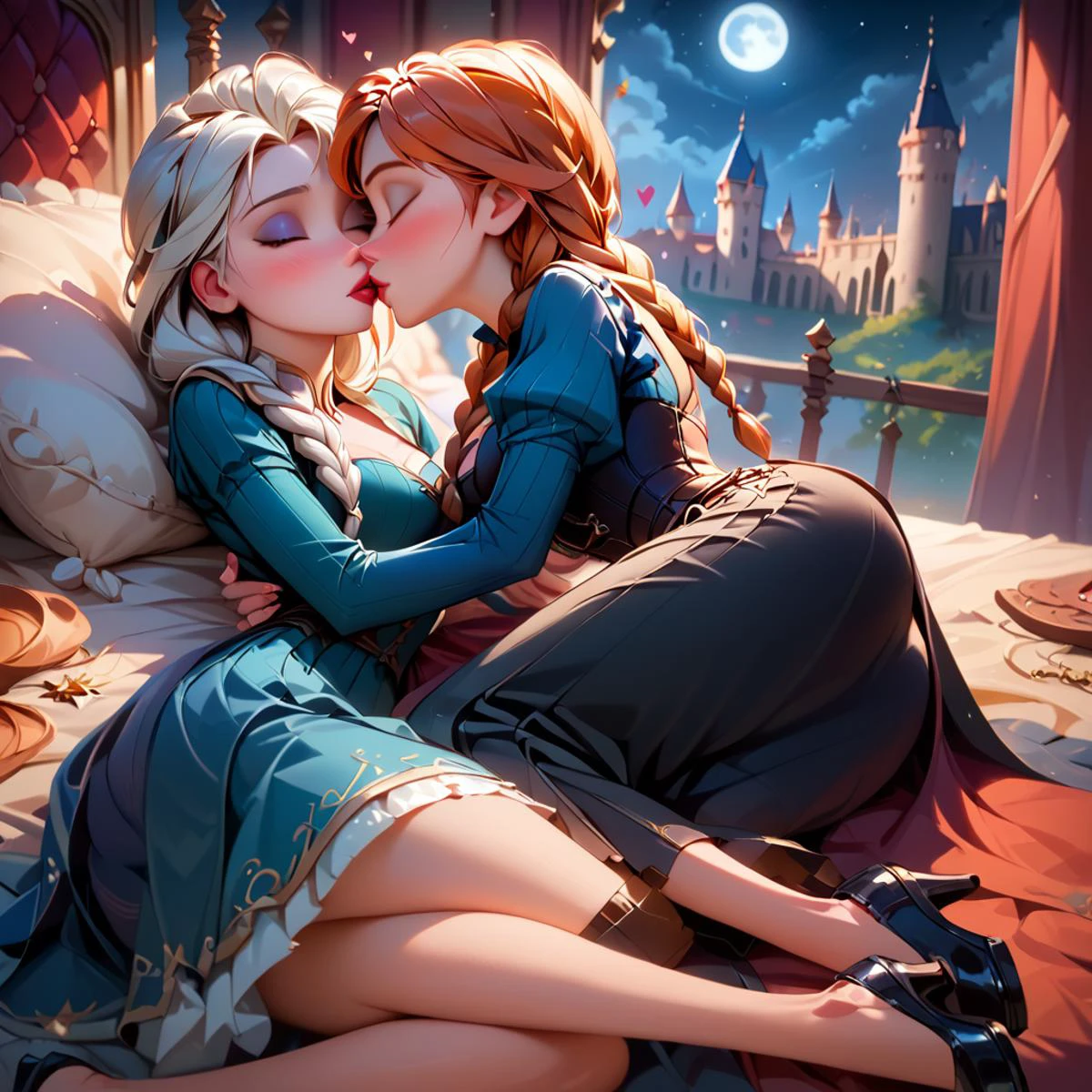 (score_9, score_8_up, score_8, best quality, 4k, absurdres, anime, anime style, detailed face, smooth style, smooth, full character portrait, Medieval castle, night, stars, moonlight, moon),2Girls ("Elsa, white hair, single braid", ("anna, ginger, braids"), (Kissing, lying in bed, spooning) <lora:TrianglePony:1> <lora:princess_xl_v2:1>