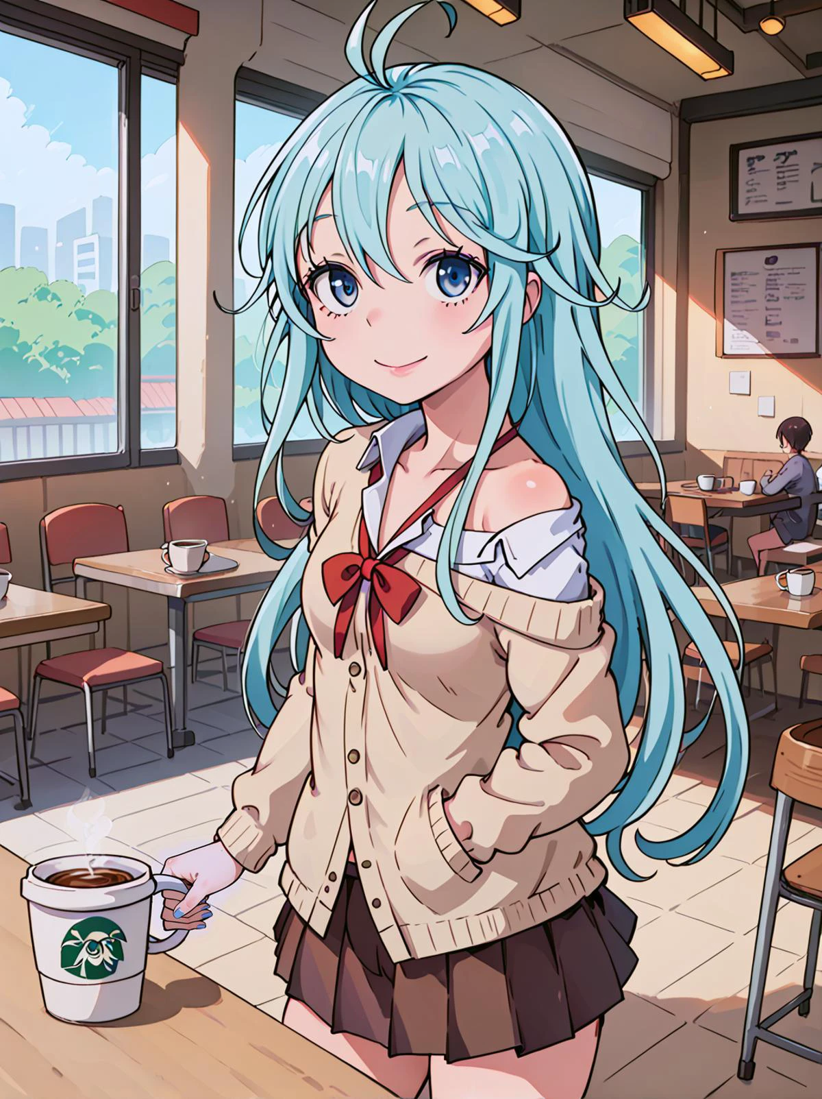 score_9, score_8_up, score_7_up, score_6_up,
source_anime, detailed background,
1girl, solo, cowboy shot, looking at viewer,
indoors, cafe, coffee cup, steam,
long hair, aqua hair, hair between eyes, sidelocks, ahoge,
blue eyes, brilliant eyes, tsurime, thick eyelashes, long eyelashes, black eyelashes,
closed mouth, smile, parted lips,
small breasts, school uniform, skirt, off shoulder,
<lora:touwa_erio_v1:0.9> touwa_erio_v1,
<lora:FlatAnimePony:0.9>