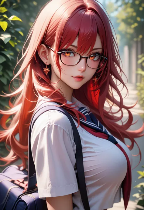 score_9, score_8_up, score_7_up, zPDXL2, long hair, straight hair, red hair color, glasses, school uniform, large breasts, school, <lora:EregaAnimePony:1>,