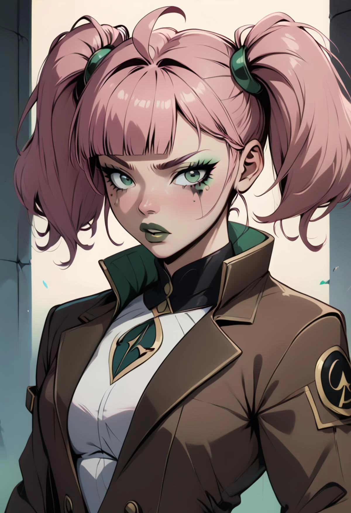 score_9, score_8, score_7, score_6, 1girl, pink hair, double twintails, short hair, ahoge, diagonal bangs, blunt bangs, green eyes, parted lips, mascara, green lips, eyeshadow, makeup, brown coat, underbust, <lora:WasurePony:1> <lora:age_slider_v4:0.5> <lora:StS_detail_slider_v1:1.5> <lora:princess_xl_v2:0.4> <lora:OldAnimeStyle_XL_v3:0.4> <lora:Lunas-Blackedwear-Concept-SDXL-A1:0.6> blackedwear,