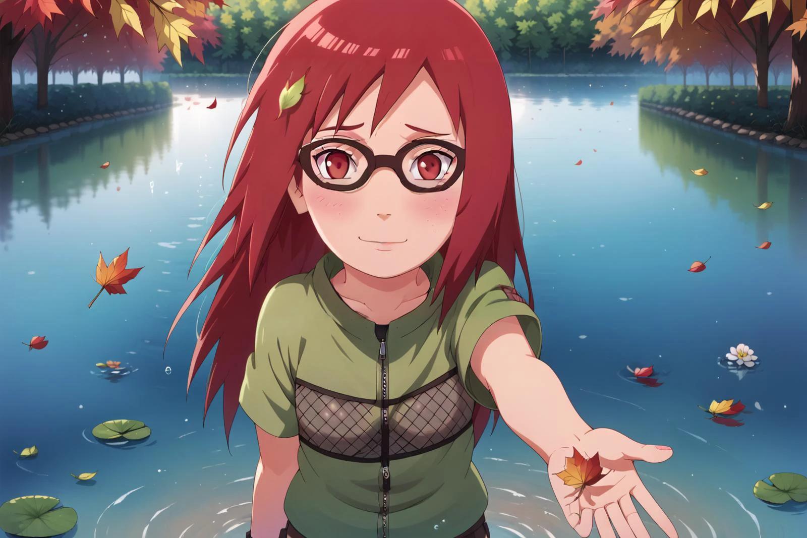 score_9, score_8_up, score_7_up, looking at viewer,
BREAK
colored_narutomanga_ownwaifu, female focus, 1girl, long hair, red hair, spiked hair, karin uzumaki, red eyes, glasses, shy, cute smile, happy, long sleeves, ninja ,
Fishnet top, fishnets, fishnet tights, green jacket zipped, short sleeves, brown skirt, skirt, kusagakure symbol, toeless footwear,
absurd res, perfect image, (flower_style:0.8
naruto manga cover,
<lora:PONYXL_NarutoMangaColored_ownwaifu:0.95>, <lora:Karin_genin_Naruto_-_Pony:0.7> <lora:eye_catching:0.9> <lora:princess_xl_v2:1> <lora:flowers_landscape:0.5>
(flowers), ( on the water:1.5),autumn, autumn_leaves, blue_butterfly butterfly, dragonfly, falling_leaves, holding_leaf, leaf, maple_leaf, glowing_butterfly, butterfly_wings, field, flower, leaves_in_wind, orange_theme, <lora:flower_covering_lora01:0.5>
holding flower, long hair, covering, holding, collarbone, rose, red flower, white flower, breasts, standing, leaf, convenient censoring, detailed eyes, Perfect features, (masterpeace, best quality, good quality:1.4), masterpeace, intricate details, <lora:AmaiAnimePony:0.8>