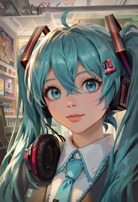 score_9, score_8_up, score_7_up, 1girl, high quality, best quality, masterpiece, <lora:miku-hatsune-ponyxl-lora-nochekaiser:1> miku hatsune, ahoge, aqua eyes, aqua hair, crossed bangs, hair between eyes, hair ornament, headphones, long hair, twintails, <lora:KureyonPony:1>
