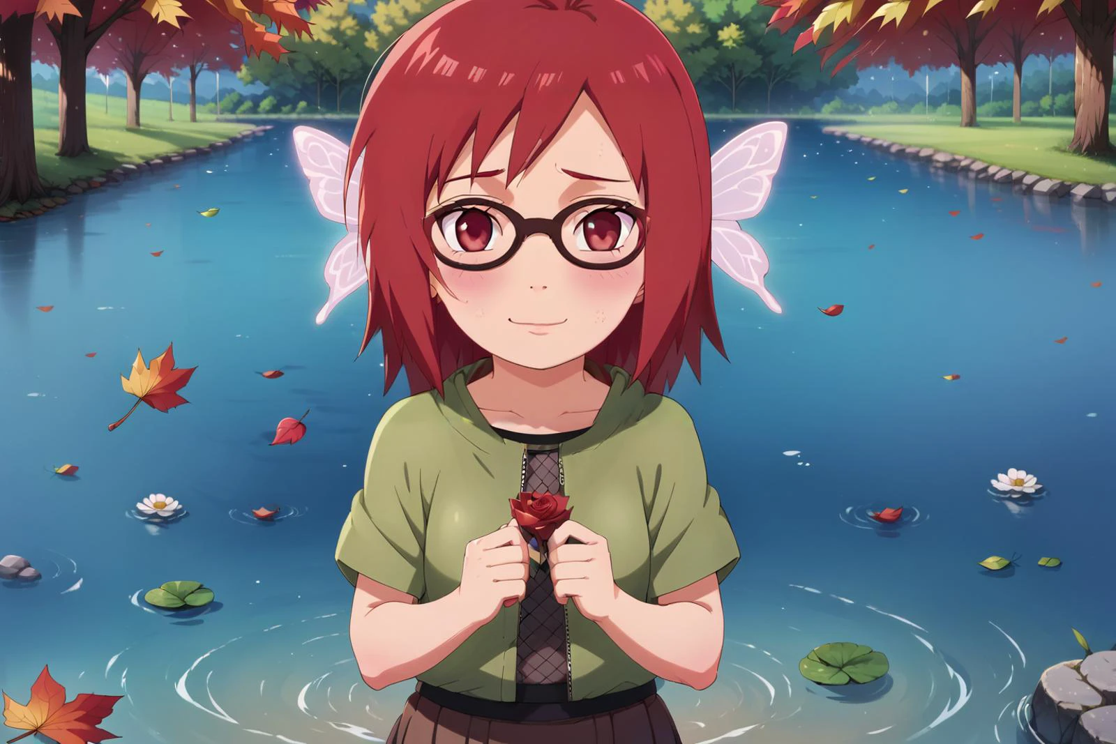score_9, score_8_up, score_7_up, looking at viewer,
BREAK
colored_narutomanga_ownwaifu, female focus, 1girl, short hair, red hair, spiked hair, karin uzumaki, red eyes, glasses, shy, cute smile, happy, long sleeves, ninja ,
Fishnet top, fishnets, fishnet tights, green jacket zipped, short sleeves, brown skirt, skirt, kusagakure symbol, toeless footwear,
absurd res, perfect image, flower_style:0.8
<lora:PONYXL_NarutoMangaColored_ownwaifu:0.95>, <lora:Karin_genin_Naruto_-_Pony:0.7> <lora:eye_catching:0.9> <lora:princess_xl_v2:1> <lora:flowers_landscape:0.5>
(flowers), ( on the water:1.5),autumn, autumn_leaves, blue_butterfly butterfly, dragonfly, falling_leaves, holding_leaf, leaf, maple_leaf, glowing_butterfly, butterfly_wings, field, flower, leaves_in_wind, orange_theme, <lora:flower_covering_lora01:0.5>
holding flower, long hair, covering, holding, collarbone, rose, red flower, white flower, breasts, standing, leaf, convenient censoring, detailed eyes, Perfect features, (masterpeace, best quality, good quality:1.4), masterpeace, intricate details, <lora:AmaiAnimePony:0.8>