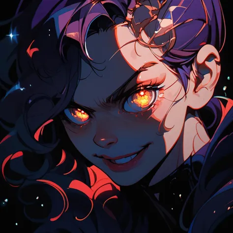 score_9, score_8_up, score_7_up, score_6_up, score_5_up, score_4_up, 1girl, close-up, asymmetrical hair, (curly hair:.7), detailed eyes, galaxy eyes, smirk, <lora:Sinozick_Style_XL_Pony:.65> sinozick style, dark theme, <lora:KatounPony:.7> <lora:Vivid_Neon_Mess_Style_PONY:1>