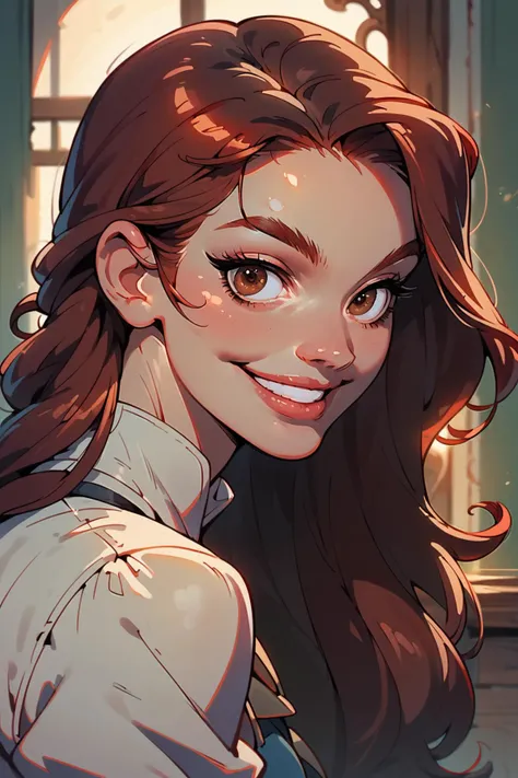 score_9, score_8_up, score_7_up, score_6_up, score_5_up, score_4_up, 1girl, androgynous, portrait, looking at viewer, brown eyes, beautiful eyes, smile, dimples, gauge, long hair, auburn hair, flat colors, sinozick style, <lora:Sinozick_Style_XL_Pony:.4> <lora:KatounPony:.65> <lora:Concept Art Eclipse Style LoRA_Pony XL v6:.8>