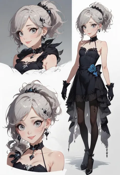 score_9, score_8_up, score_7_up, source_anime, source_cartoon, 1girl, full body, grey eyes, grey hair, ponytail, hair ornament, earrings, black diamond earrings, eyeliner, small breasts, no sleeves, bare shoulders, black choker, gloves, black gloves, choker, dress, black dress, short dress, crinoline, (black pantyhose), black high heels, smiling, shy, <lora:Concept Art Eclipse Style LoRA_Pony XL v6:1.0> <lora:easynegative:1><lora:StS_detail_slider_v1:2.0> <lora:age_slider_v4:-0.5> <lora:Expressive_H:1> <lora:AmaiAnimePony:0.5> <lora:ShinbonPony:0.4> <lora:concept:1> conceptart, multiple views, simple background, looking at viewer