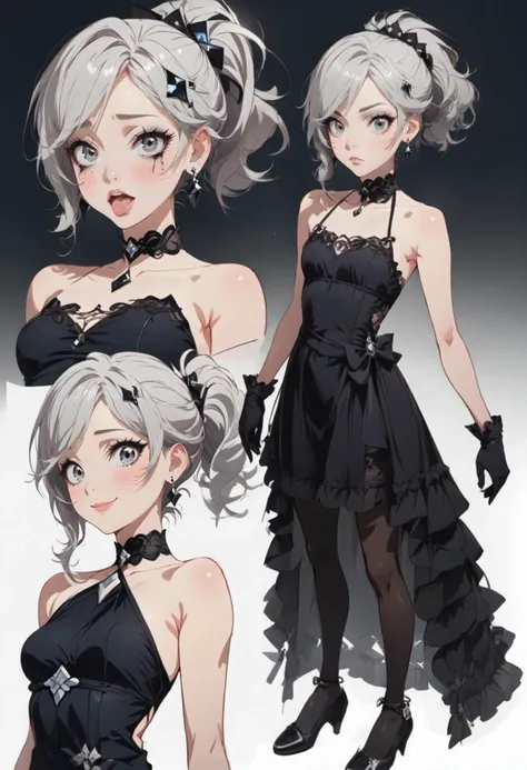 score_9, score_8_up, score_7_up, source_anime, source_cartoon, 1girl, full body, grey eyes, grey hair, ponytail, hair ornament, earrings, black diamond earrings, eyeliner, small breasts, no sleeves, bare shoulders, black choker, gloves, black gloves, choker, dress, black dress, short dress, crinoline, (black pantyhose), black high heels, smiling, shy, <lora:Concept Art Eclipse Style LoRA_Pony XL v6:1.0> <lora:easynegative:1><lora:StS_detail_slider_v1:2.0> <lora:age_slider_v4:-0.5> <lora:Expressive_H:1> <lora:AmaiAnimePony:0.5> <lora:ShinbonPony:0.4> <lora:concept:1> conceptart, multiple views, simple background, looking at viewer