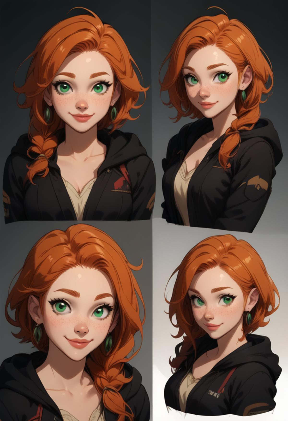 A series of photos of a woman with red hair and green eyes - SeaArt AI