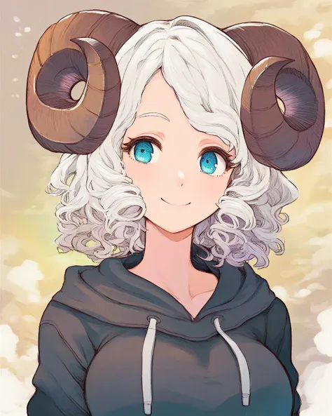 score_9, score_8_up, score_7_up, pretty girl, medium hair, white hair, light blue eyes, sheep horns, pale skin, curly hair, smile, large breasts, black hoodie, upper body <lora:EgakaPony:1>