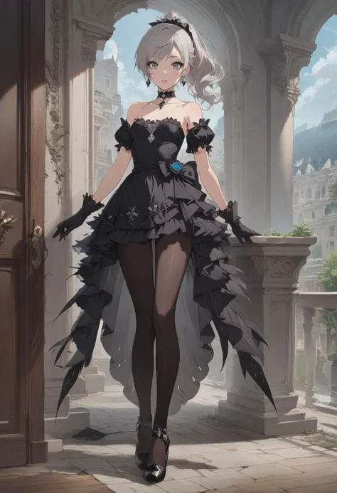 score_9, score_8_up, score_7_up, source_anime, source_cartoon, mysterious girl with ash trail, 1girl, full body, grey eyes, grey hair, ponytail, hair ornament, earrings, black diamond earrings, eyeliner, small breasts, no sleeves, bare shoulders, black choker, gloves, black gloves, choker, dress, black dress, short dress, crinoline, (black pantyhose), black high heels, <lora:Concept Art Eclipse Style LoRA_Pony XL v6:1.0> <lora:easynegative:1><lora:StS_detail_slider_v1:2.0> <lora:age_slider_v4:-0.5> <lora:Expressive_H:1> <lora:AmaiAnimePony:0.5> <lora:ShinbonPony:0.4>
