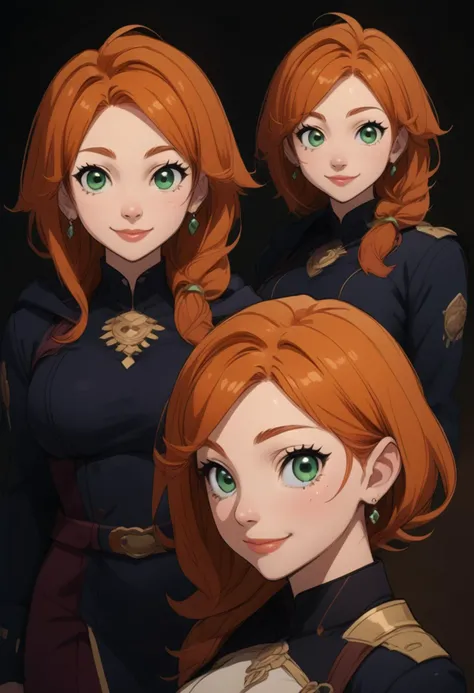 score_9, score_8_up, score_7_up, source_anime, source_cartoon, 1girl, ginger hair, green eyes, smiling, <lora:easynegative:1><lora:StS_detail_slider_v1:2.0> <lora:age_slider_v4:-1.0> <lora:WasurePony:0.4> <lora:princess_xl_v2:0.2> <lora:RengaComicPony:0.3> <lora:incase-ilff-v3-4:0.2> <lora:FutoiAnimePony:0.6> <lora:Expressive_H:1> <lora:concept:1> conceptart, multiple views, simple background, looking at viewer