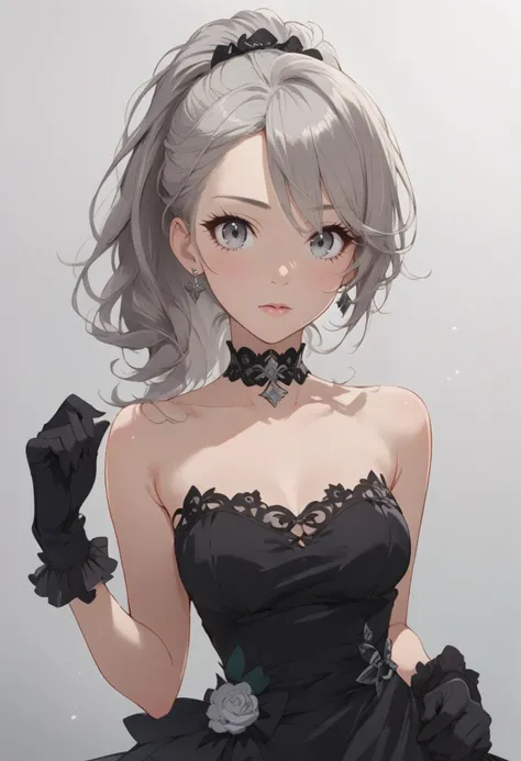 score_9, score_8_up, score_7_up, source_anime, source_cartoon, 1girl, bare shoulders, black choker, black dress, black gloves, choker, dress, gloves, grey eyes, grey hair, ponytail, simple background, solo, <lora:Concept Art Eclipse Style LoRA_Pony XL v6:1.0> <lora:easynegative:1><lora:StS_detail_slider_v1:2.0> <lora:age_slider_v4:-0.5> <lora:Expressive_H:1> <lora:AmaiAnimePony:0.5> <lora:ShinbonPony:0.4>