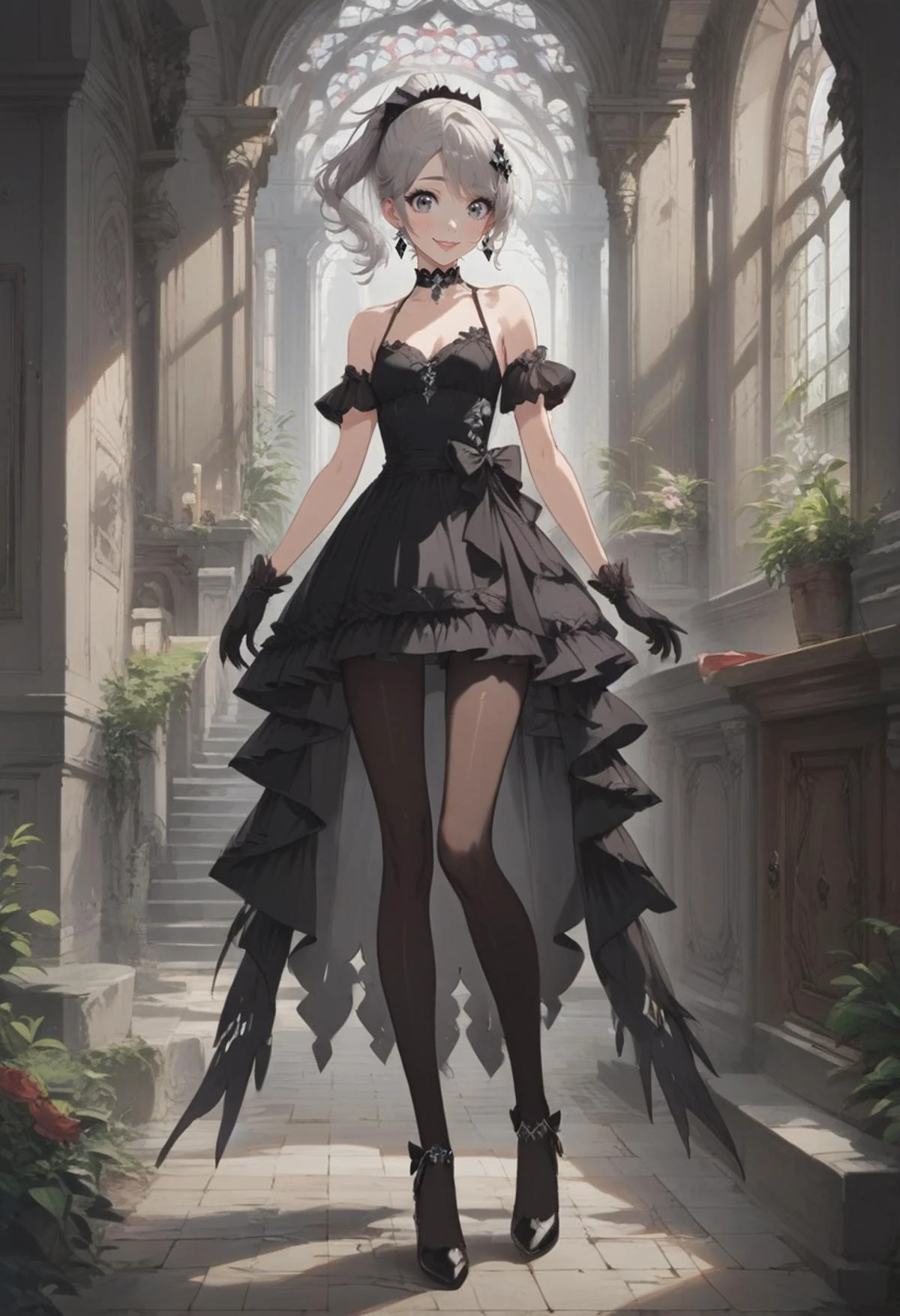 score_9, score_8_up, score_7_up, source_anime, source_cartoon, mysterious girl with ash trail, 1girl, full body, grey eyes, grey hair, ponytail, hair ornament, earrings, black diamond earrings, eyeliner, small breasts, no sleeves, bare shoulders, black choker, gloves, black gloves, choker, dress, black dress, short dress, crinoline, (black pantyhose), black high heels, <lora:Concept Art Eclipse Style LoRA_Pony XL v6:1.0> <lora:easynegative:1><lora:StS_detail_slider_v1:2.0> <lora:age_slider_v4:-0.5> <lora:Expressive_H:1> <lora:AmaiAnimePony:0.5> <lora:ShinbonPony:0.4>