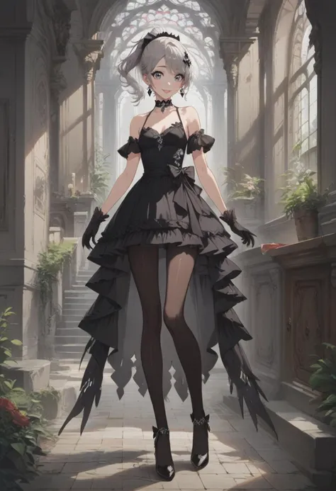 score_9, score_8_up, score_7_up, source_anime, source_cartoon, mysterious girl with ash trail, 1girl, full body, grey eyes, grey hair, ponytail, hair ornament, earrings, black diamond earrings, eyeliner, small breasts, no sleeves, bare shoulders, black choker, gloves, black gloves, choker, dress, black dress, short dress, crinoline, (black pantyhose), black high heels, <lora:Concept Art Eclipse Style LoRA_Pony XL v6:1.0> <lora:easynegative:1><lora:StS_detail_slider_v1:2.0> <lora:age_slider_v4:-0.5> <lora:Expressive_H:1> <lora:AmaiAnimePony:0.5> <lora:ShinbonPony:0.4>