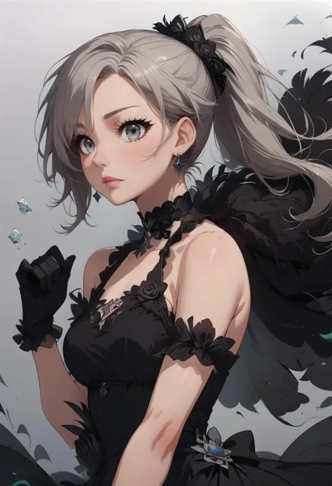 score_9, score_8_up, score_7_up, source_anime, source_cartoon, 1girl, bare shoulders, black choker, black dress, black gloves, choker, dress, gloves, grey eyes, grey hair, ponytail, simple background, solo, <lora:Concept Art Eclipse Style LoRA_Pony XL v6:1.0> <lora:easynegative:1><lora:StS_detail_slider_v1:2.0> <lora:age_slider_v4:-0.5> <lora:WasurePony:0.2> <lora:princess_xl_v2:0.2> <lora:RengaComicPony:0.3> <lora:incase-ilff-v3-4:0.3> <lora:Expressive_H:1> <lora:AmaiAnimePony:0.5>