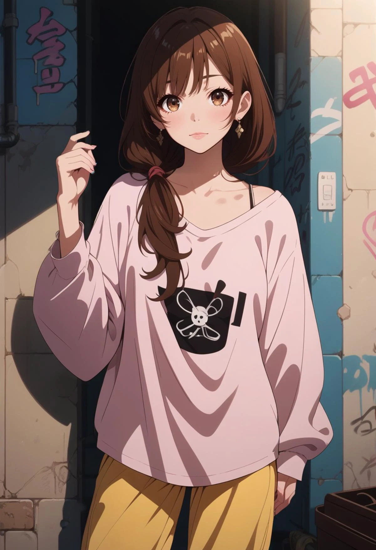 ((score_9), score_8_up, score_7_up), score_6_up, score_4_up, score_5_up, source cartoon, source anime, girl posing at wall with graffiti in alley, standing, 1girl, solo, brown hair, long hair, high ponytails, makeup, long bangs, arched bangs, oversized clothes, oversized pants, oversized shirt, <lora:age_slider_v4:-0.5> <lora:AmaiAnimePony:0.6> <lora:FutoiAnimePony:0.3> <lora:Expressive_H:1> <lora:incase-ilff-v3-4:0.4> <lora:easynegative:1> <lora:OldAnimeStyle_XL_v3:0.2> <lora:WasurePony:0.2>