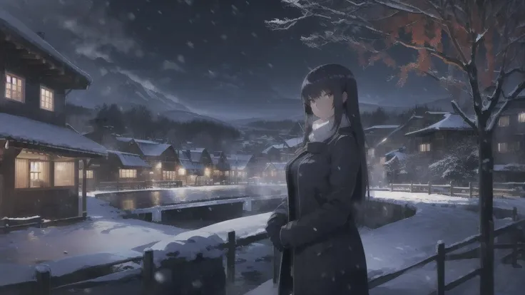 <lora:Sana:0.7>, 1 girl, solo, large breasts, red eyes, winter, long hair, winter clothing, snowfall, village, looking at viewer, night, city lights, steam,