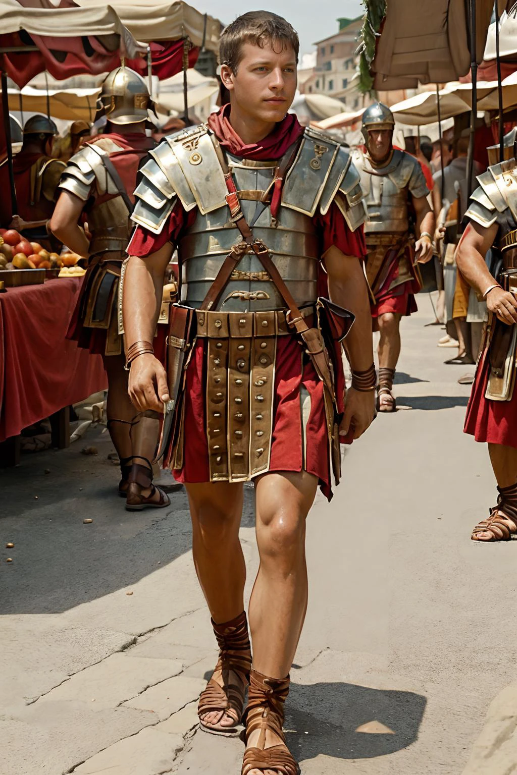 fantrome, walking through a roman market, ZacDeHaan is a roman soldier, wearing loriseg armor, red tunic, sandals, <lora:ZacDeHaan:0.8> <lora:loriseg:0.75> <lora:fantrome_v3:0.55>