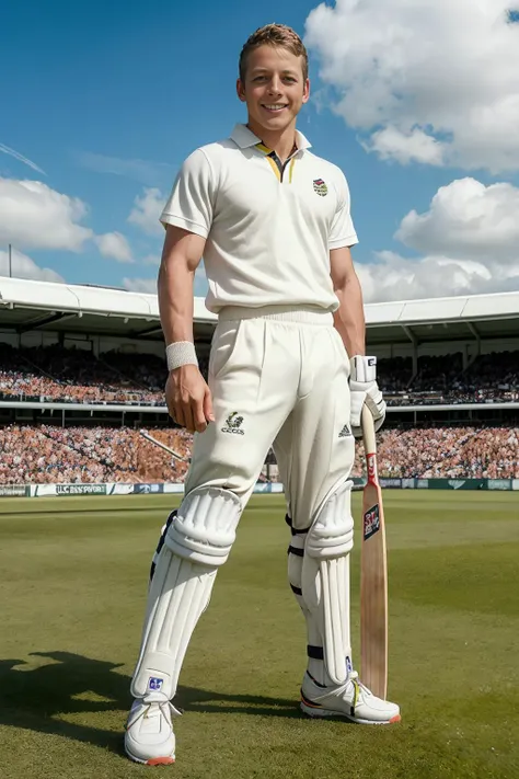 Lord's Cricket Ground, London, grass field, standing, smiling, ZacDeHaan wearing a cricket whites uniform, white trousers, white shirt, white wool jumper, cricket batting pads, leg guards, ((holding a cricket bat)), (((full body portrait))), wide angle <lora:ZacDeHaan:0.8>