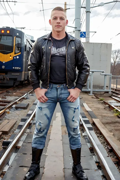 light rail station, railroad platform, skinhead, muscular ZacDeHaan, close crop haircut, slight smile, shirt, (jacket), jeans and boots, ((bleachers jeans)), (GS-Masculine:0.9), (((full body portrait))), wide angle <lora:100_skins_v1:0.7> <lora:ZacDeHaan:0.8>