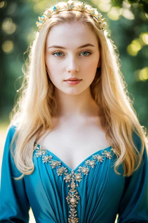 medieval, portrait photo of 25 y.o princess in blue dress, face, pale skin, intricate details