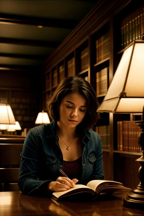 a woman sitting at a table reading a book in a quiet library, dramatic atmosphere, cinematic lighting, film still, highly detailed