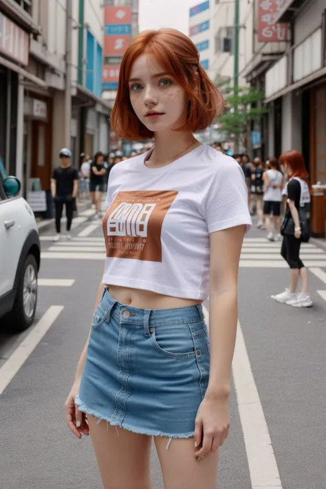 1 girl, solo, female, adult woman, freckles, blue eyes, copper shag hair,
Mini skirt, graphic t-shirt, white sneakers
A vibrant, bustling Seoul street during a K-pop concert
beautiful, detailed, best quality, high resolution, masterpiece, 8k