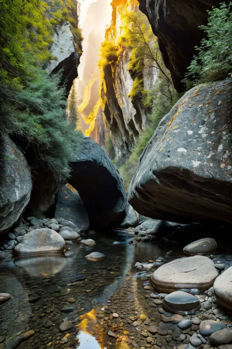 masterpiece, high quality, 8k, high resolution, perfect art, Mystical canyon with levitating boulders and echoing whispers., Triadic, edge light, cool light, natural 4k, high-res, masterpiece, best quality