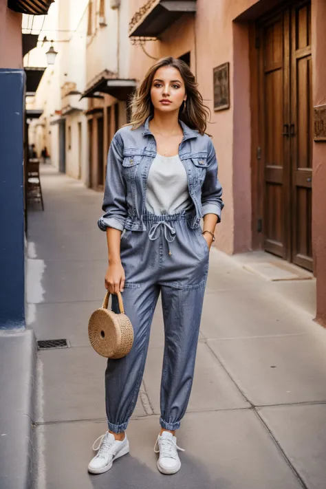 1 girl, solo, beautiful, female, adult polish woman, dark brown eyes, gray messy hair,
Printed jumpsuit, denim jacket, white sneakers
A bustling Moroccan spice market
beautiful, detailed, best quality, high resolution, masterpiece, 8k