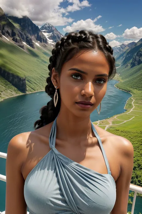 1girl, solo, female, Sympathetic facial expression
halter bikini, Enigma, Tall, Narrow Hips, Diamond-Shaped Face, Dark Skin, Gray Hair, light blue Eyes, Wide Nose, Full Lips, Prominent Chin, Shoulder-Length Hair, Wavy Hair, Braided Updo, natural breasts, Cuff earrings, teal metallic lipstick, cruise ship, flying, partly cloudy, accent light, environmental light
A mountain scene with a panoramic view of a winding river in the valley below
beautiful, detailed, best quality, high resolution, masterpiece, 8k