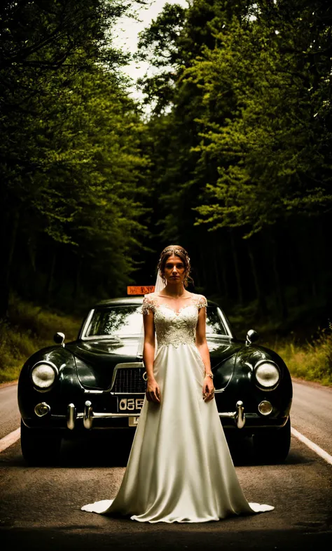 1girl, slg, effect lighting, forest, quiff, Road Sign Orange Embroidered wedding dress, depth of field, evening, Mimicking a boxer's pose