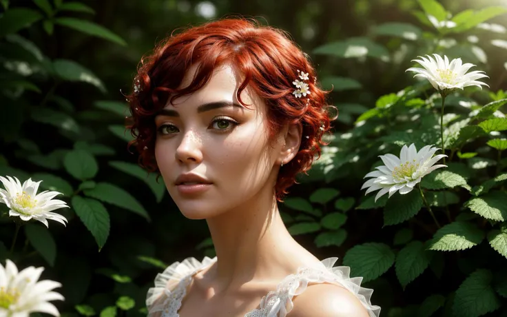 cute woman, (elegant, beautiful face), transparent white dress, forest moss, flowers feld, curly red hair, magical atmosphere, (short hair), ((detailed skin, skin texture)), ultradetailed (intricately detailed, fine details, hyperdetailed), raytracing, subsurface scattering, (fantasy underworld on background), diffused soft lighting, shallow depth of field, by (Oliver Wetter), sharp focus bokeh, (realistic photo quality:1.4)