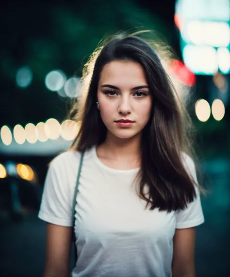 polaroid photo, high quality, night photo,portrait photo of 22 y.o european woman, wearing casual clothes, bokeh, motion blur