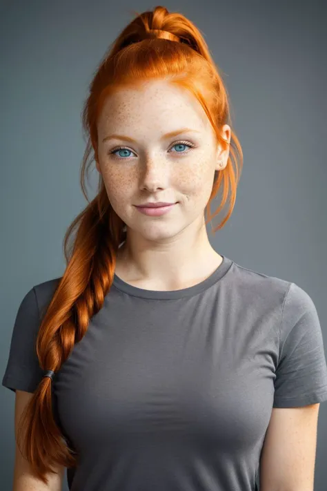1girl, solo, female, beautiful, ginger, redhead, looking at viewer, smile, simple background, shirt, black hair, brown eyes, closed mouth, upper body, ponytail, grey background, lips, black shirt, portrait, freckles, realistic
masterpiece, best quality, high resolution, 8k, sharp focus, ultra detailed
(high quality beautiful detailed eyes)