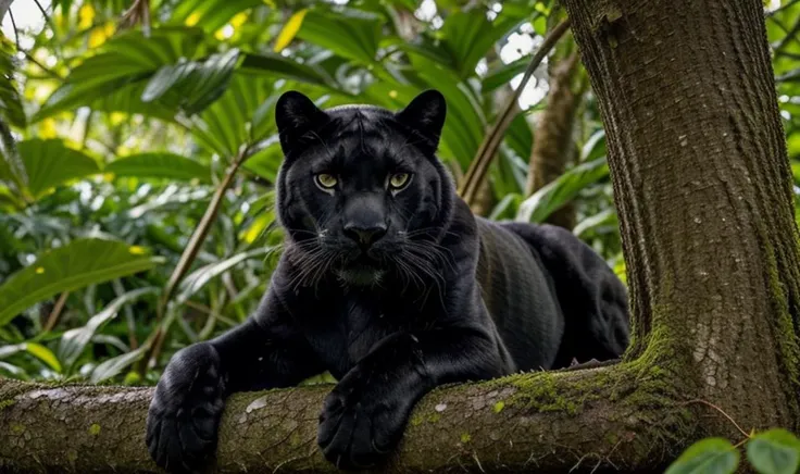 masterpiece, photo of a black panther lying on a tree in the jungle, yellow eyes, detailed eyes, perfect eyes, sunlight through the leaf, hyperrealism, photography, <lora:epiCRealismHelper:1>