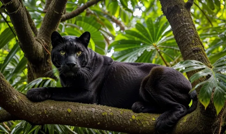 masterpiece, photo of a black panther lying on a tree in the jungle, yellow eyes, detailed eyes, perfect eyes, sunlight through the leaf, hyperrealism, photography, <lora:epiCRealismHelper:1>