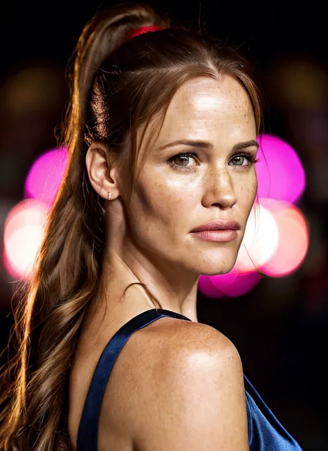 portrait of Jennifer Garner, frown, wearing formal wear, with red Ponytail, background colosseum epic (photo, studio lighting, hard light, sony a7, 50 mm, matte skin, pores, colors, hyperdetailed, hyperrealistic)