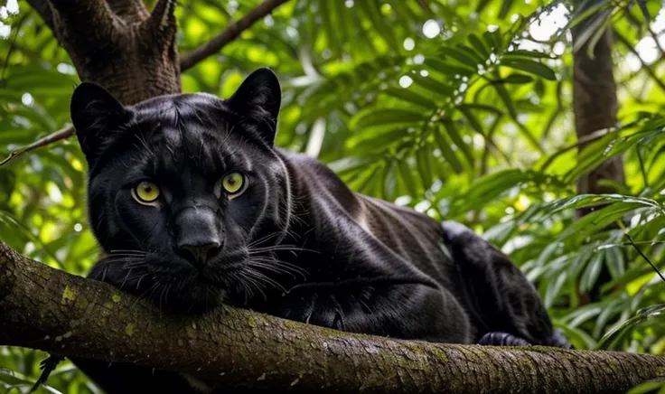 masterpiece, photo of a black panther lying on a tree in the jungle, yellow eyes, detailed eyes, perfect eyes, sunlight through the leaf, hyperrealism, photography, <lora:epiCRealismHelper:1>