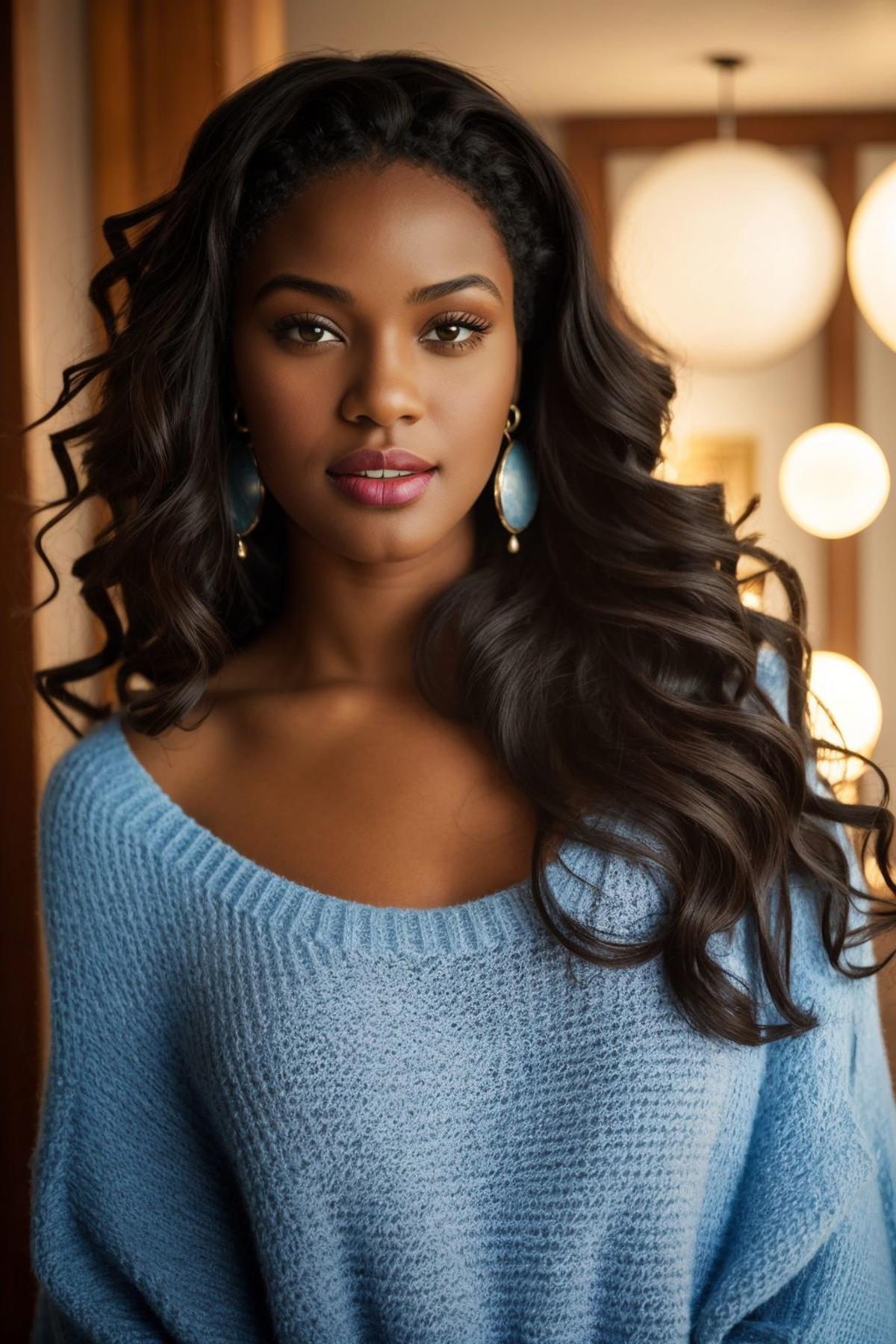 A woman with long hair and a blue sweater posing for a picture - SeaArt AI