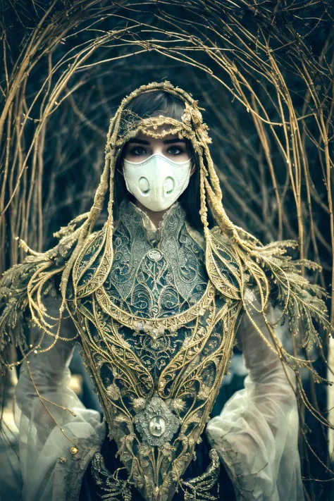 a woman wearing a medical mask, victorian era, cinematography, intricately detailed, crafted, meticulous, magnificent, maximum details, extremely hyper aesthetic, hdr, (intricate details, hyperdetailed:1.2), cinematic shot, centered, soft lighting