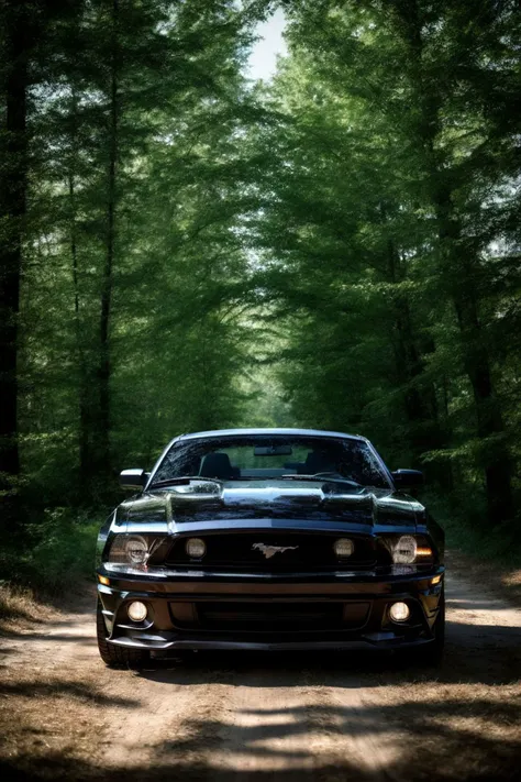 ford mustang, in the forest, ultra wide angle, best quality detailed, 8k, HDR, shallow depth of field, high contrast, sharp focus, vivid color photo, modelshoot style, cinematic pallet