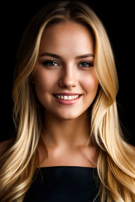 face portrait photo of 24 y.o woman, wearing black dress, beautiful face, smile, blonde, cinematic shot, dark shot, dramatic lighting