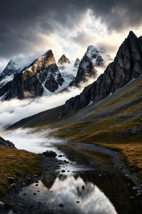 masterpiece, best quality, highres, Ethereal mountain range with misty peaks and mystical creatures., Rule of Thirds, T-shape, cloudy, kicker light, incandescent
4k, high-res, masterpiece, best quality