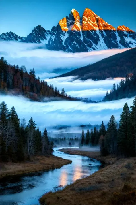 masterpiece, best quality, highres, Ethereal mountain range with misty peaks and mystical creatures, river, fog, Rule of Thirds, T-shape, cloudy, kicker light, incandescent 4k, high-res, masterpiece, best quality