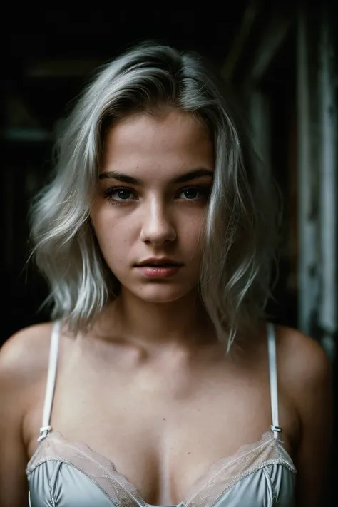 polaroid photo, closeup portrait photo of 18 y.o woman, wearing lingerie, beautiful face, serious face, silver hair, abandoned building interior, cinematic shot, dramatic lighting