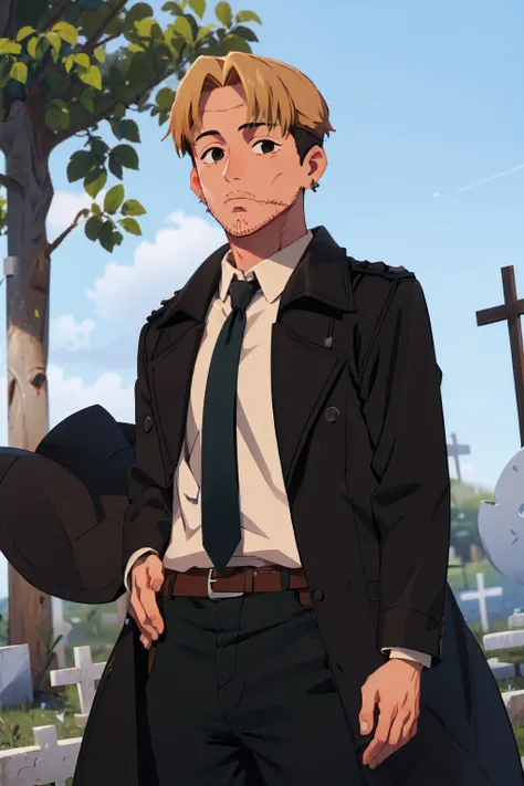 (masterpiece, best quality:1.2), solo, male focus, 1boy, kishibe, expressionless, looking at viewer, stitches, black coat, collared shirt, necktie, black pants, belt, graveyard <lora:csm_kishibe:1>