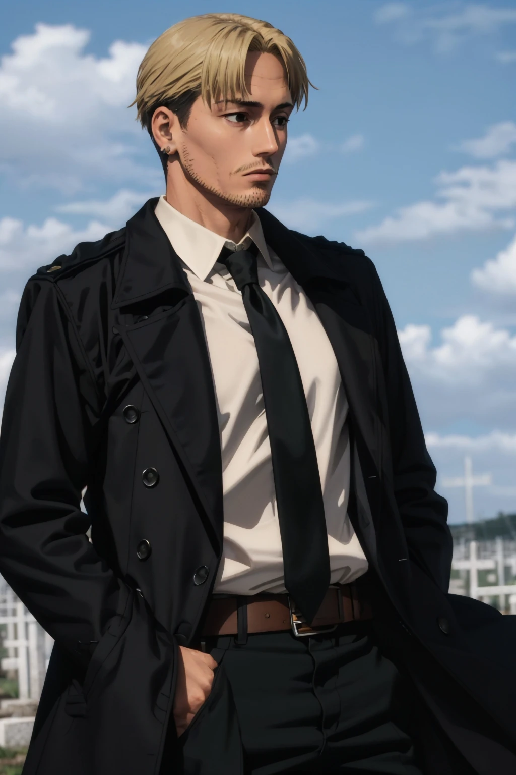 (masterpiece, best quality:1.2), solo, male focus, 1boy, kishibe, expressionless, looking away, stitches, formal, black coat, collared shirt, necktie, black pants, belt, graveyard <lora:csm_kishibe:1.0>