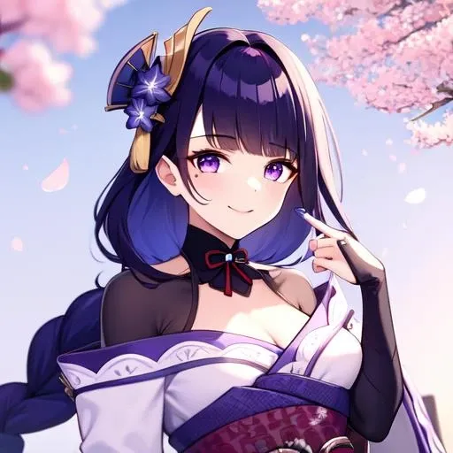 masterpiece, best quality, 1girl, solo, raiden shogun, mature woman, japanese clothes, sash, purple eyes, obi, bridal gauntlets, mole under eye, looking at viewer, long hair, purple hair, bangs, mole, hair ornament, smile, wide sleeves, kimono, off shoulder, sakura trees background, sakura trees, leafs falling, smiling, long sleeves, tomoe \(symbol\), armor, obiage, purple nails, vision \(genshin impact\), mitsudomoe \(shape\), sidelocks, blunt bangs, braid, breasts, ribbon, <lora:Raiden_Shogun-10:1>