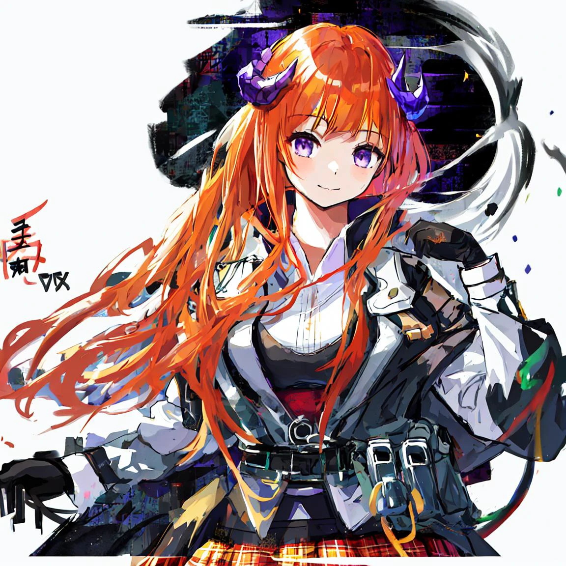 bagpipe,1girl,bagpipe\(origin\), bagpipe\(race_queen\),long_hair, orange_hair,plaid_skirt, purple_eyes,plaid,thighhighs,skirt,breasts,dragon_horns,bangs,blunt_bangs,
{{{{{illustration}}}}},by Yuko Shimizu,chinese dragon,chinese girl,female focus on, {{color Ink wash painting}},{{ink splashing}},{{color splashing}},{{{colorful}}},{{sketch}}, Masterpiece,best quality, beautifully painted,highly detailed,